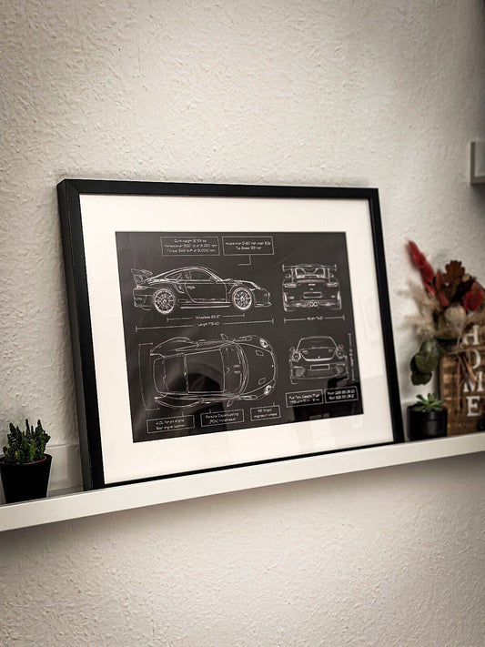 Bild mit Rahmen / Porsche 911 GT3RS 991 Konstruktionszeichnung / Blueprint