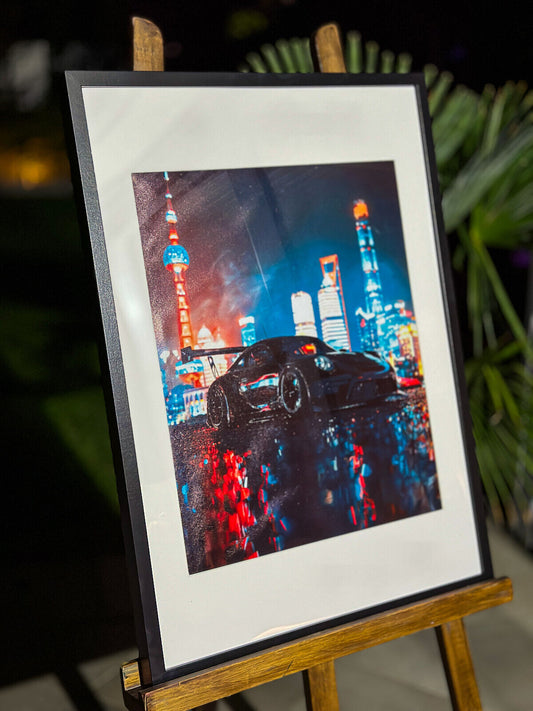 Bild mit Rahmen / Porsche 991 GT3RS Tokyo night skyline / Artprint
